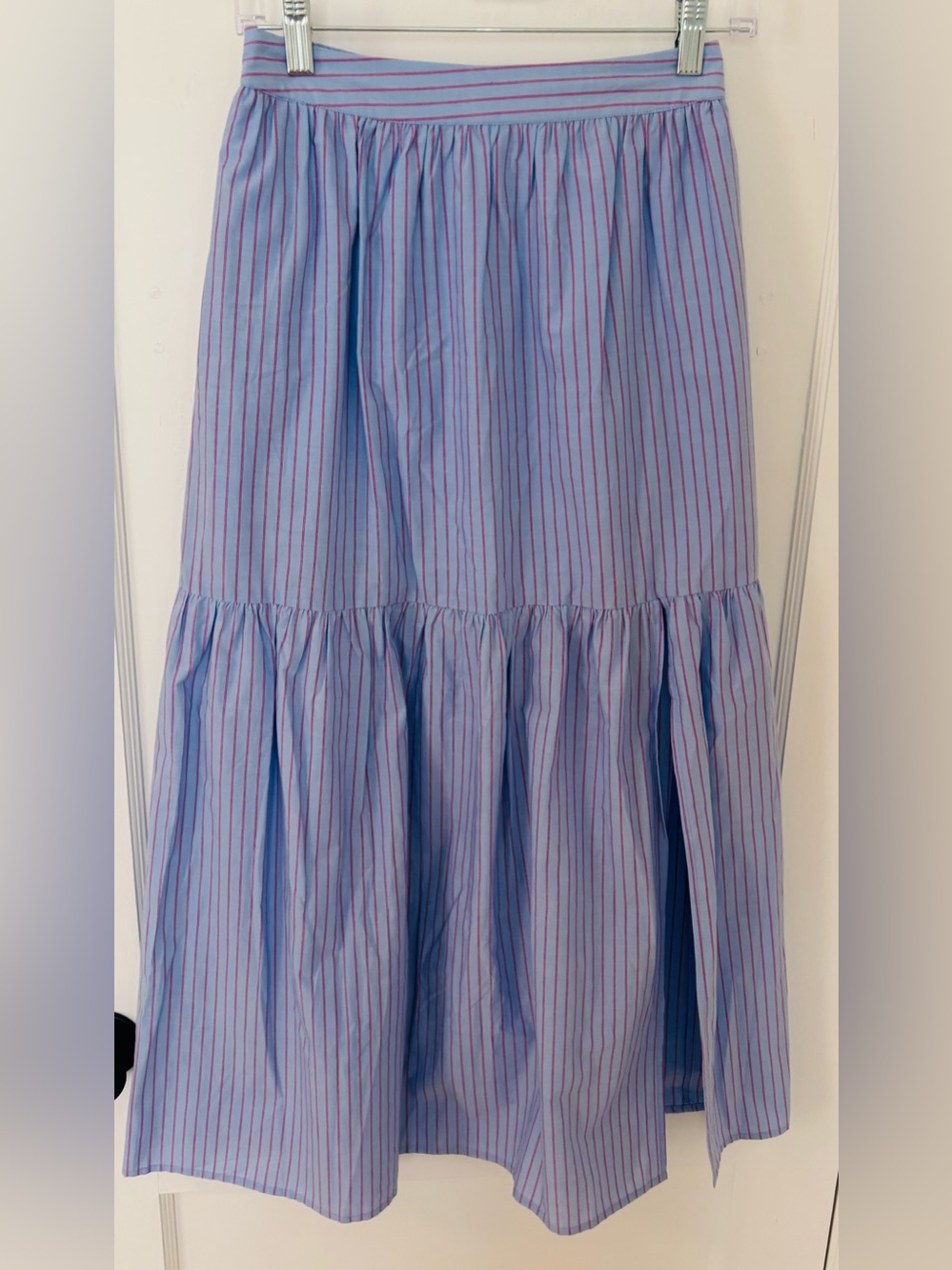 Self Contrast Blue/Red Pinstripe Tiered Maxi Skirt - Size XS in new condition